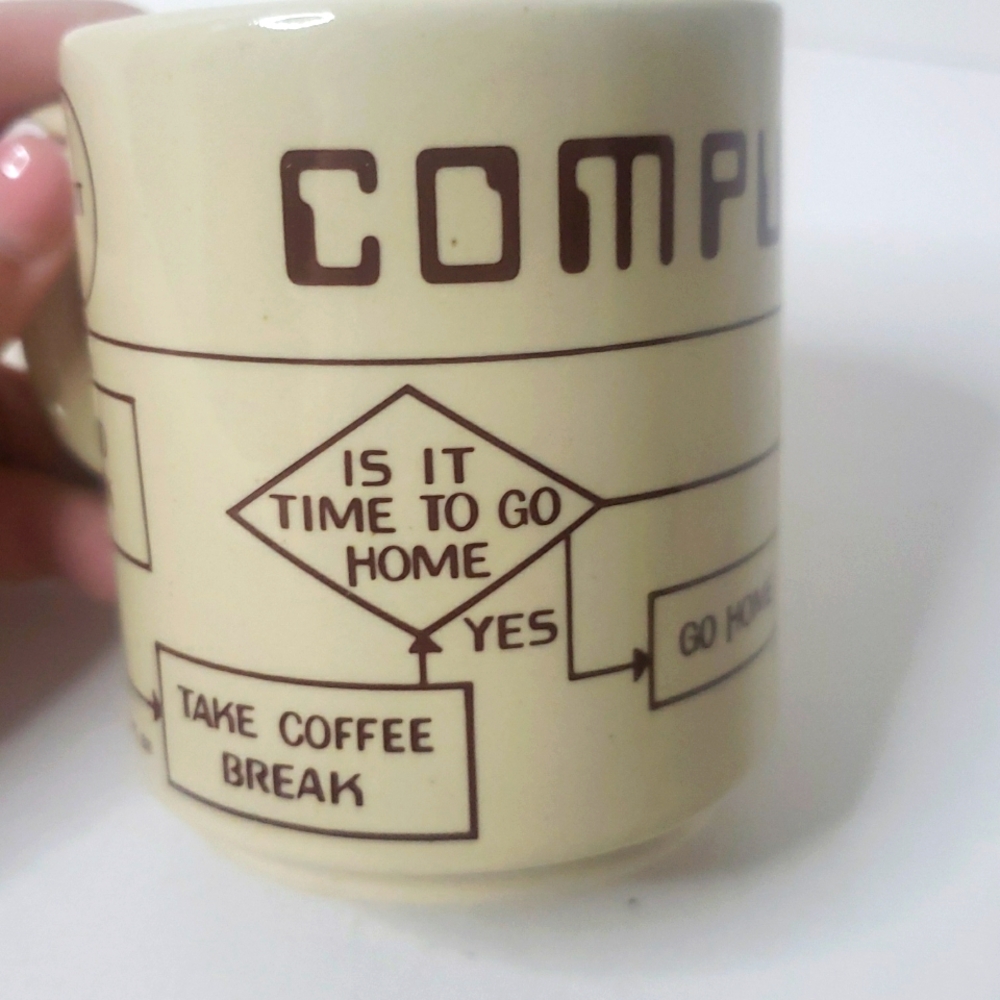 Vintage Compu- Mug Computer Coffee Tea Cup Beige  Instructions For Work Day - Picture 4 of 14